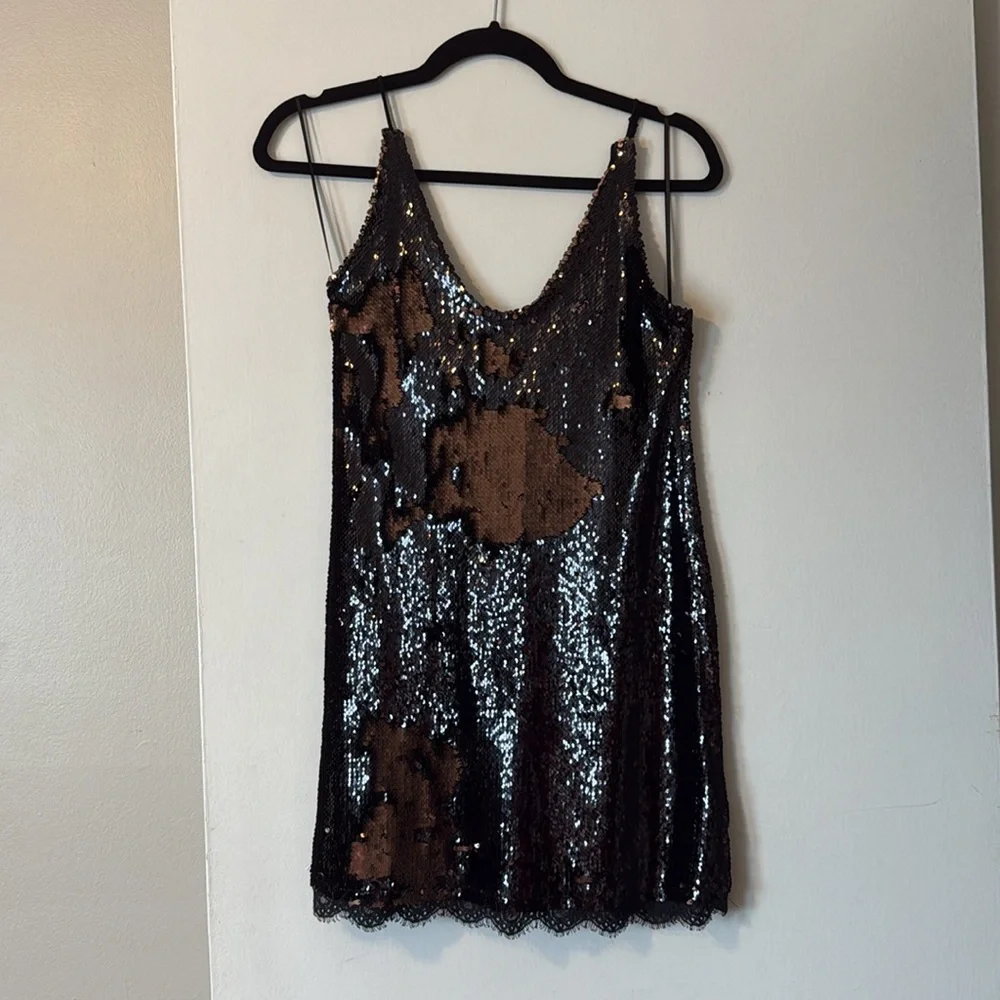 Free People Seeing Double Sequin Slip mini dress lace rose pink black - Picture 4 of 12
